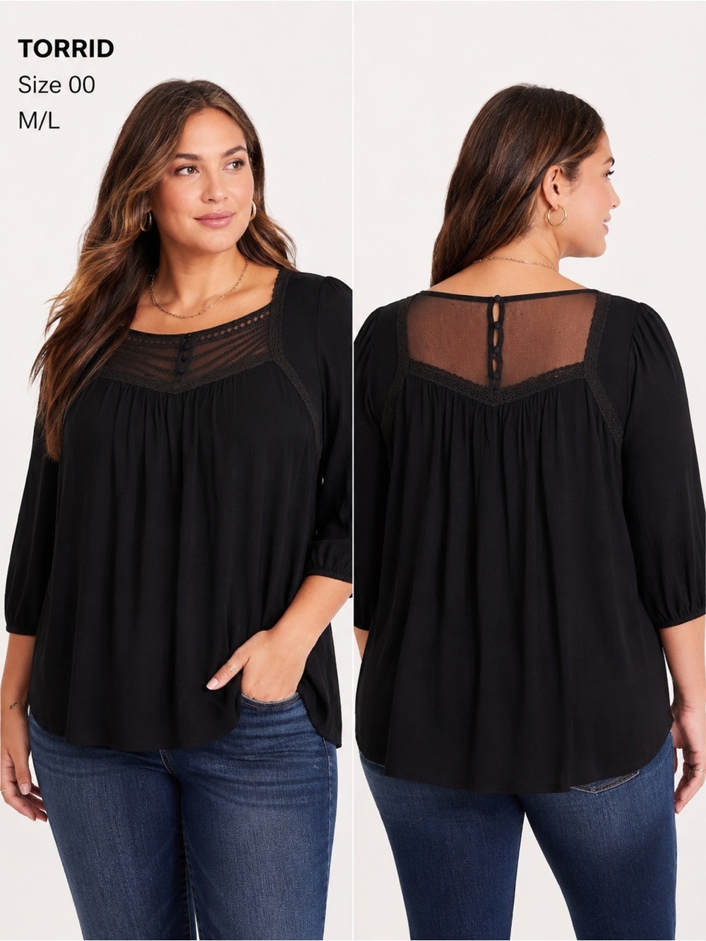 Torrid Black Lace Mesh Peasant Blouse Size 00 M/L Boho Top